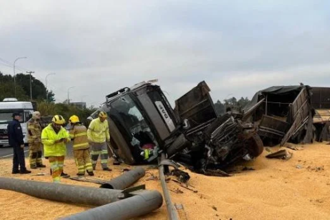 Carreta tomba, espalha grãos na pista e bloqueia trecho da BR 386 em Estrela